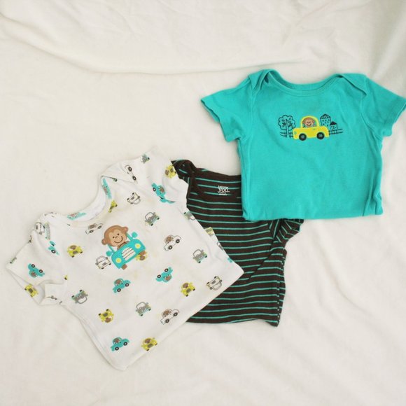 24Mo Boy Set 3-Piece Monkey Car Bodysuit Cute Carters Baby Onesie Short Sleeved - Picture 1 of 11
